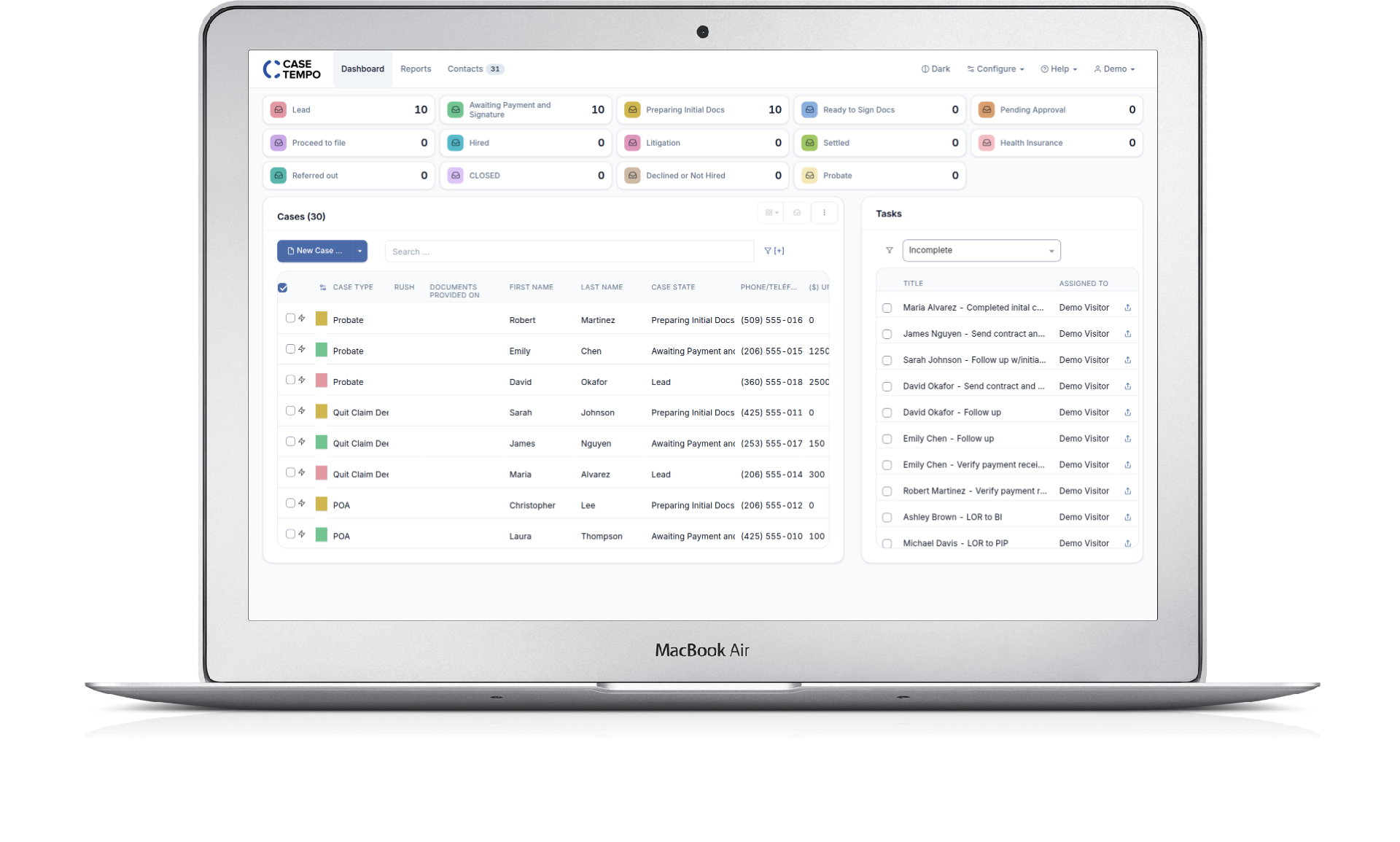 Case Tempo dashboard showing cases and tasks
